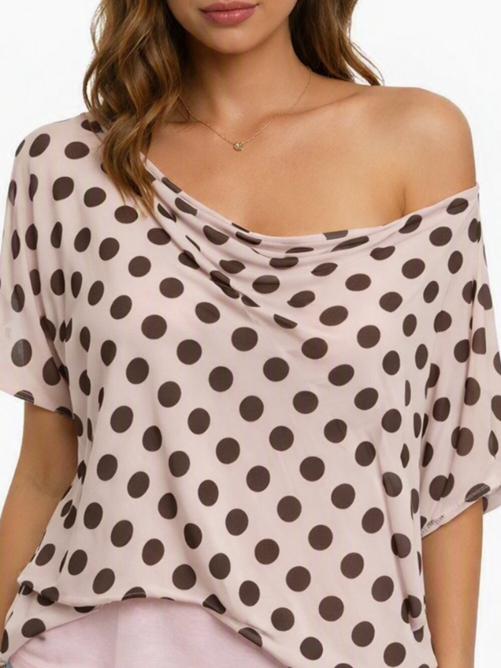 Electric Behavior Poncho Blouse Off-the-Shoulder Polka Dot Pink/Brown M